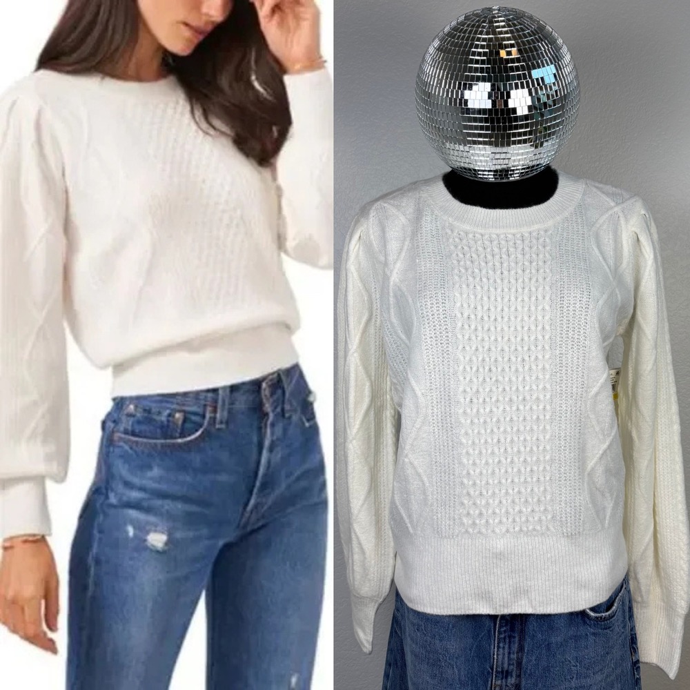 1 STATE Variegated Cables Crewneck Sweater Antique‎ White, Size M Cottagecore